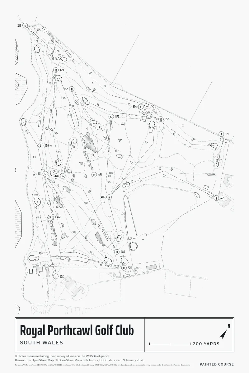 Royal Porthcawl Golf Club, South Wales, Wales, drawn in the Architect style from its OpenStreetMap survey: 18 holes, each numbered at its tee with its measured yards beside it.