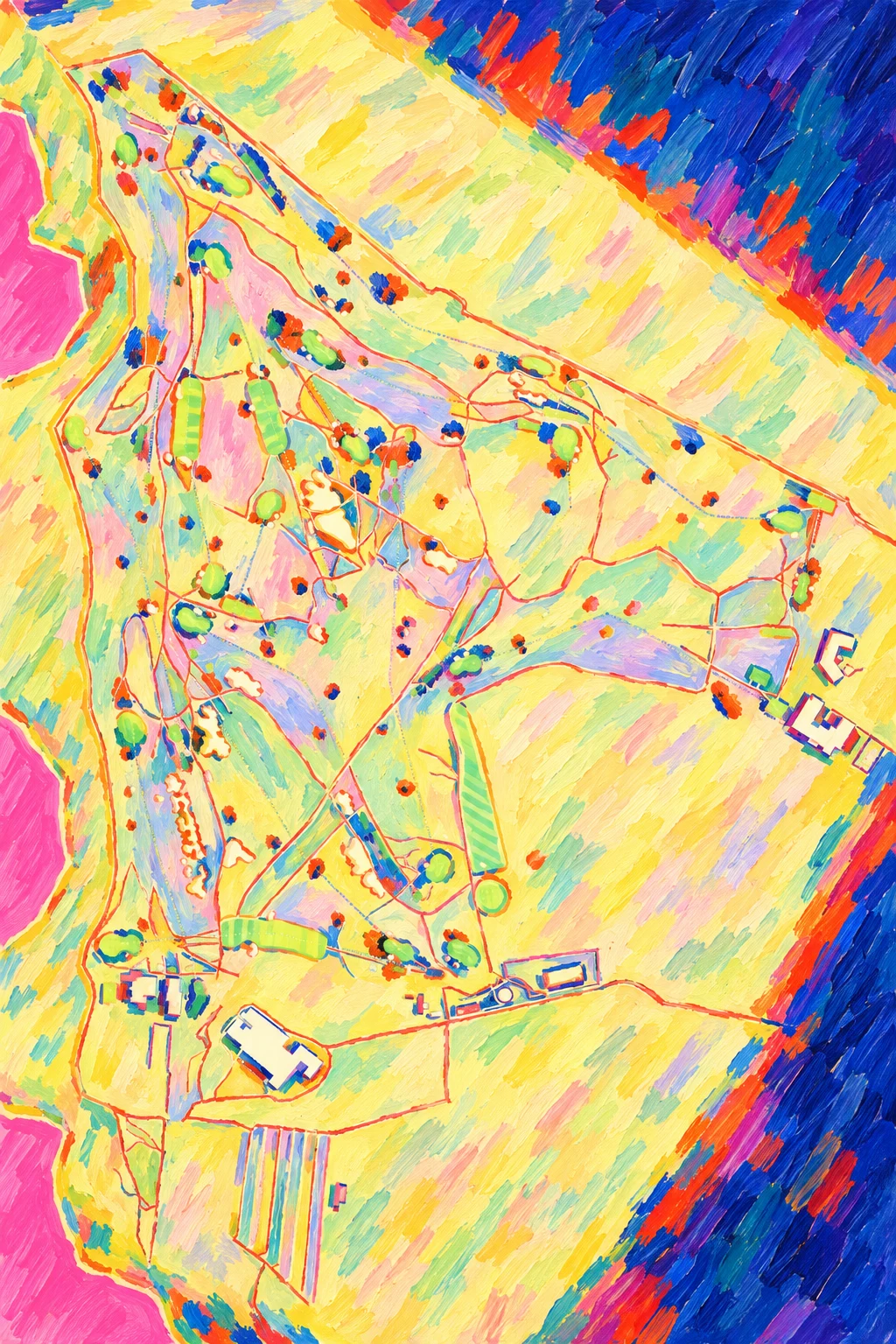 Royal Porthcawl Golf Club, South Wales, Wales, seen from above and painted in the Fauve manner after the Fauves of 1905: the routing of its 18 holes, its greens and its bunkers, in paint.