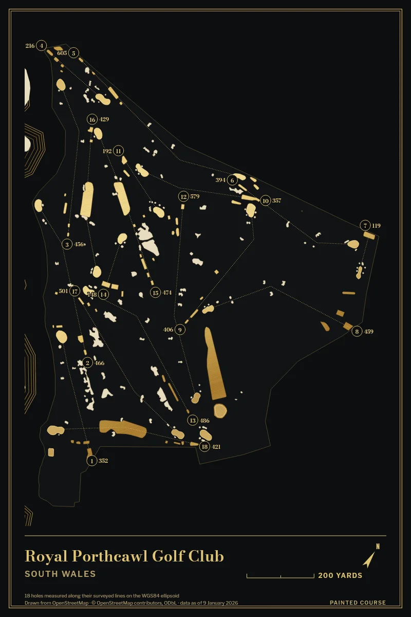 Royal Porthcawl Golf Club, South Wales, Wales, drawn in the Gilt style from its OpenStreetMap survey: 18 holes, each numbered at its tee with its measured yards beside it.