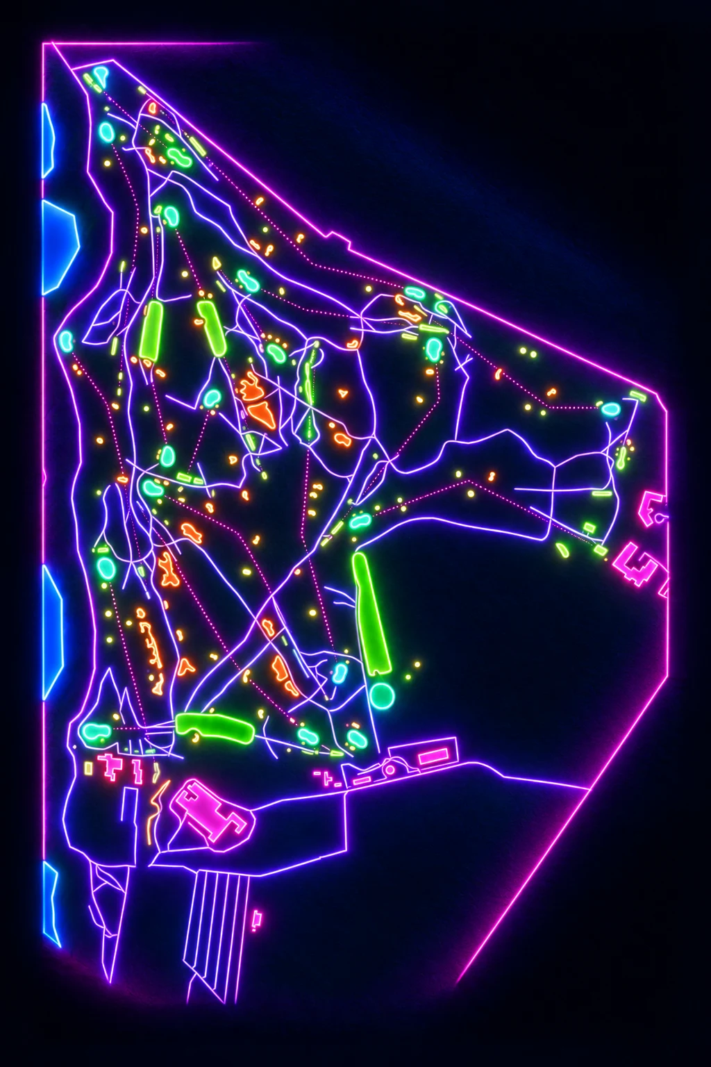 Royal Porthcawl Golf Club, South Wales, Wales, seen from above and painted in the Neon manner: the routing of its 18 holes, its greens and its bunkers, in paint.