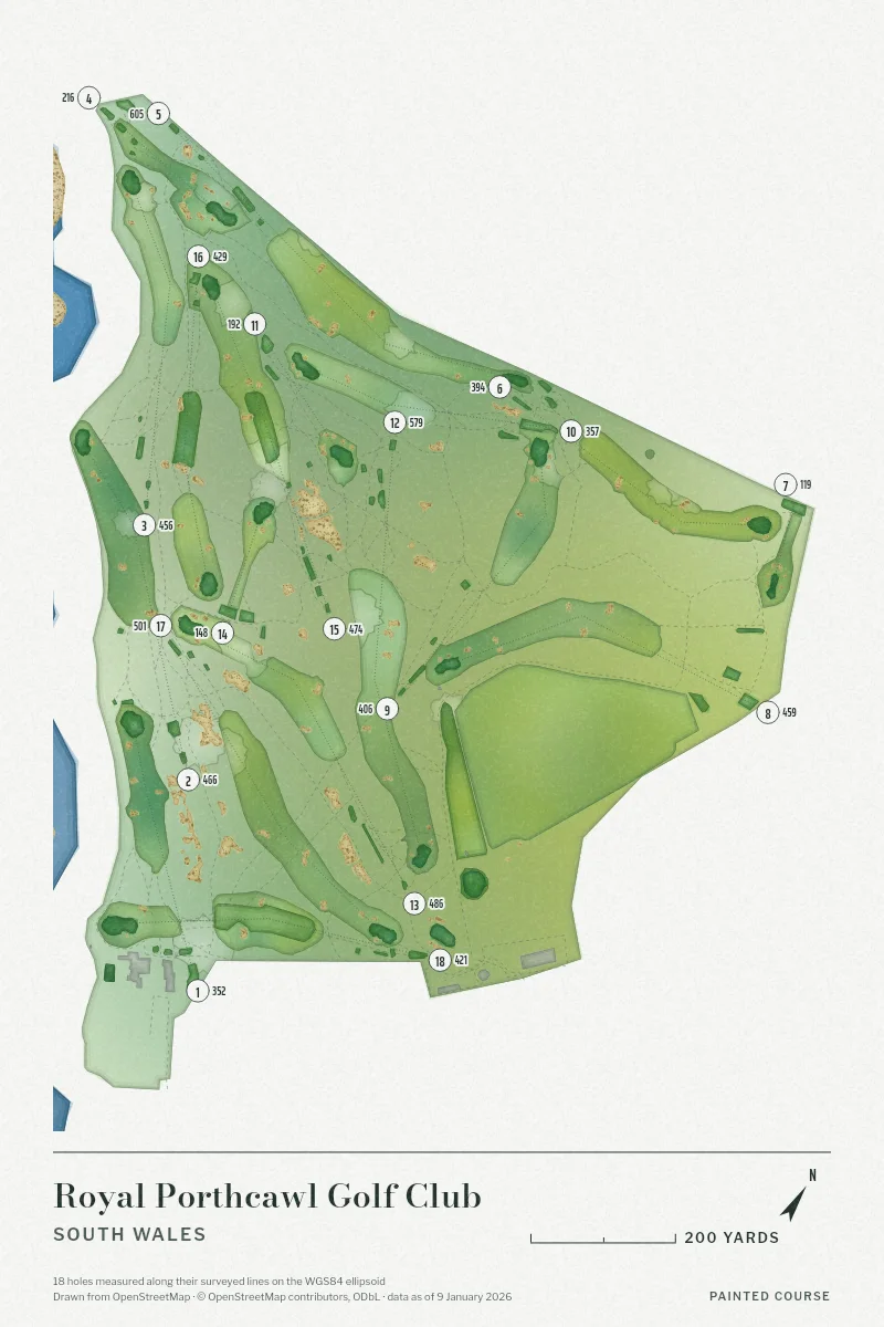 Royal Porthcawl Golf Club, South Wales, Wales, drawn in the Watercolour style from its OpenStreetMap survey: 18 holes, each numbered at its tee with its measured yards beside it.