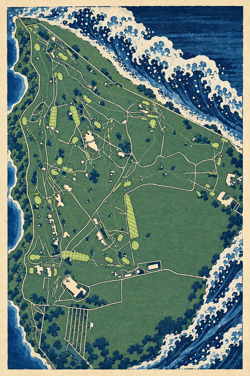 Royal Porthcawl Golf Club, South Wales, Wales, seen from above and painted in the Woodblock manner after Katsushika Hokusai: the routing of its 18 holes, its greens and its bunkers, in paint.