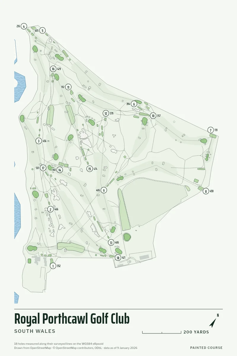 Royal Porthcawl Golf Club, South Wales, Wales, drawn in the Yardage style from its OpenStreetMap survey: 18 holes, each numbered at its tee with its measured yards beside it.
