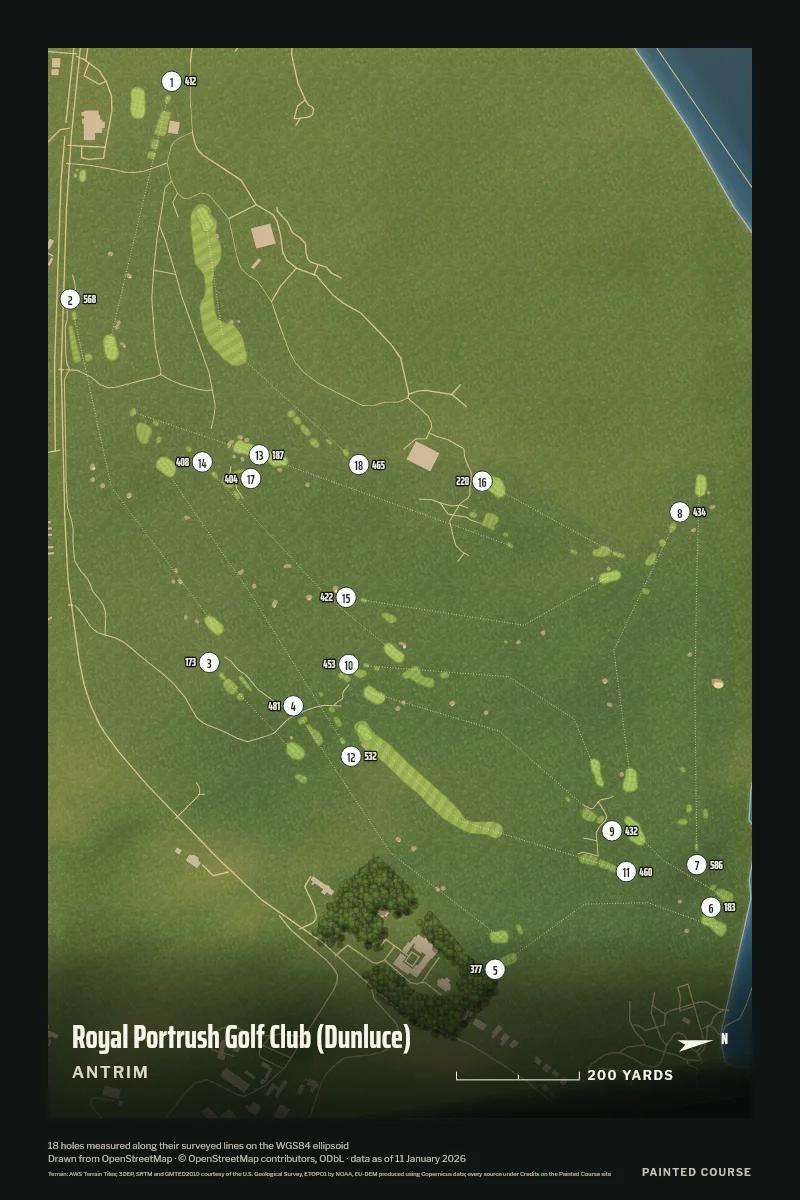 Royal Portrush Golf Club (Dunluce), Antrim, Northern Ireland, drawn in the Aerial style from its OpenStreetMap survey: 18 holes, each numbered at its tee with its measured yards beside it.