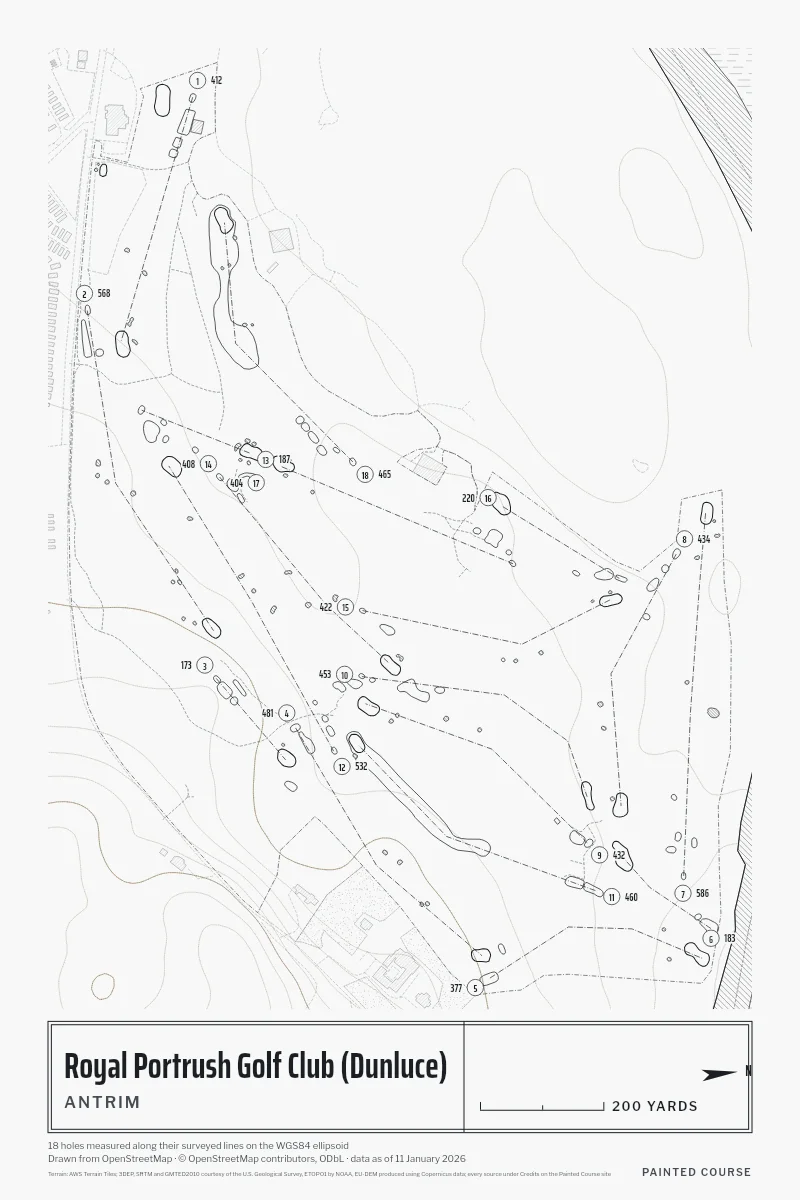 Royal Portrush Golf Club (Dunluce), Antrim, Northern Ireland, drawn in the Architect style from its OpenStreetMap survey: 18 holes, each numbered at its tee with its measured yards beside it.