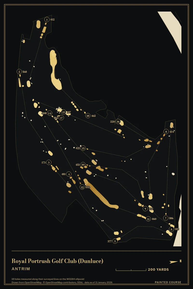 Royal Portrush Golf Club (Dunluce), Antrim, Northern Ireland, drawn in the Gilt style from its OpenStreetMap survey: 18 holes, each numbered at its tee with its measured yards beside it.