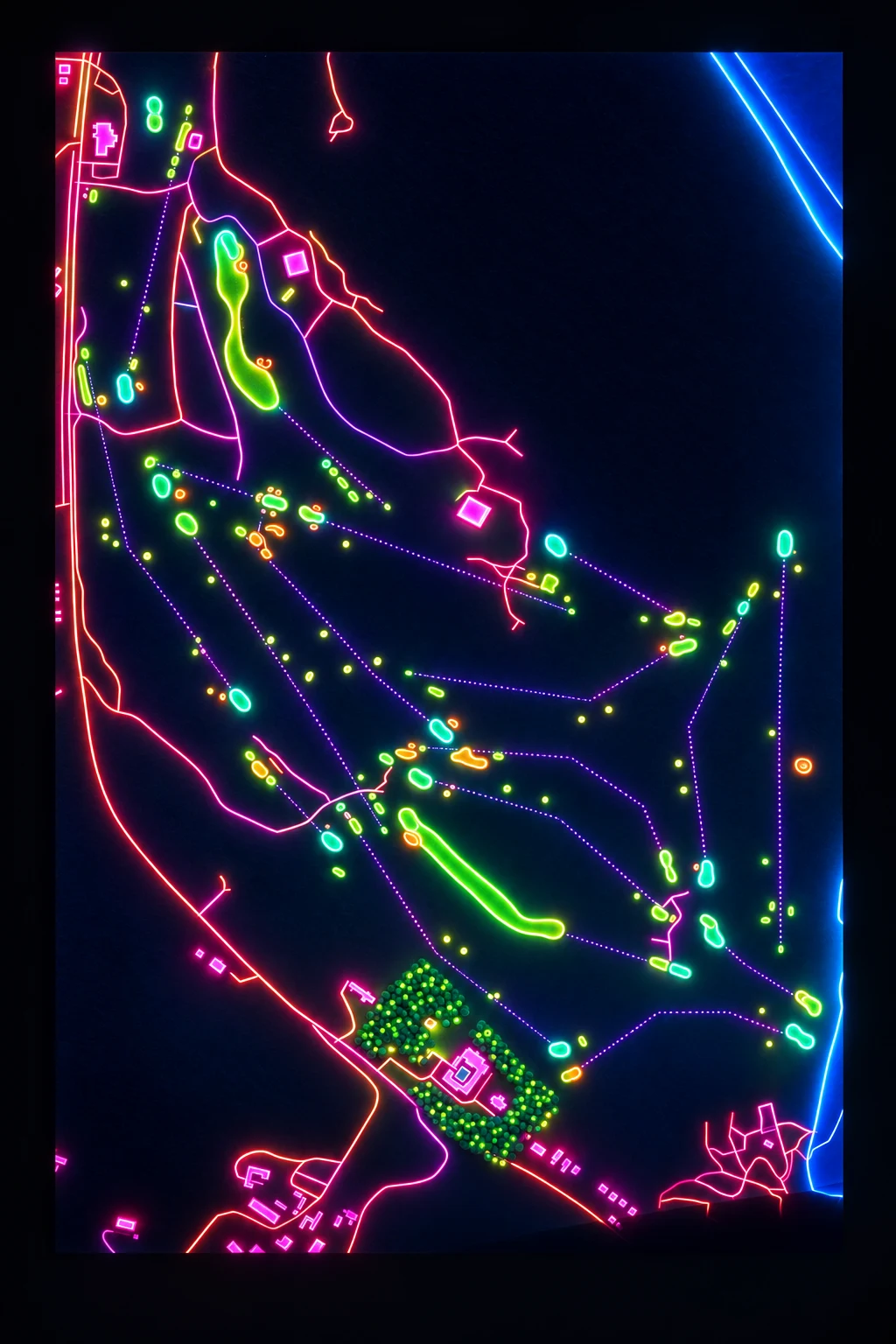Royal Portrush Golf Club (Dunluce), Antrim, Northern Ireland, seen from above and painted in the Neon manner: the routing of its 18 holes, its greens and its bunkers, in paint.