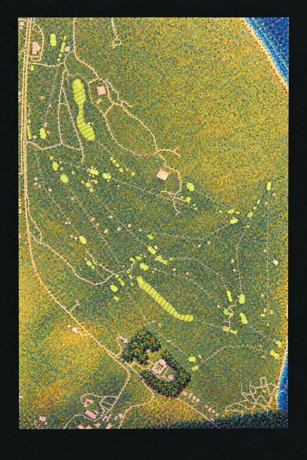 Royal Portrush Golf Club (Dunluce), Antrim, Northern Ireland, seen from above and painted in the Pointillist manner after Georges Seurat: the routing of its 18 holes, its greens and its bunkers, in paint.