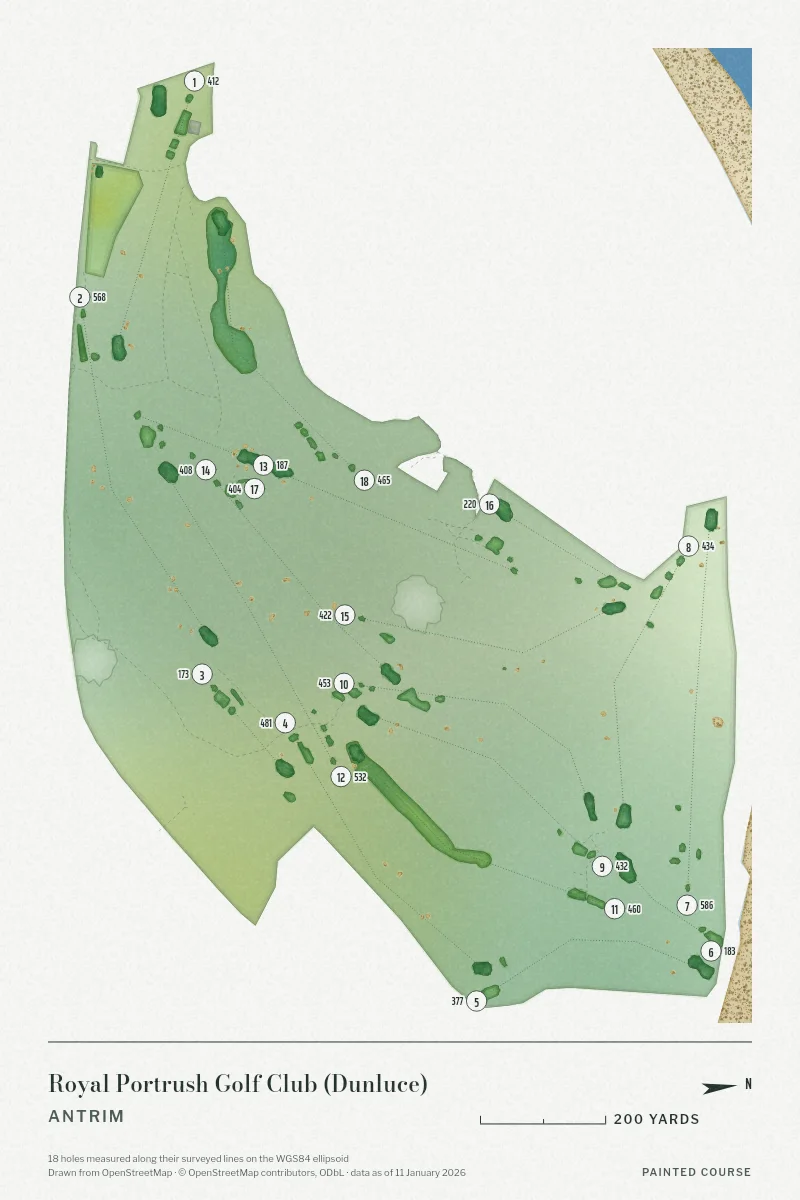 Royal Portrush Golf Club (Dunluce), Antrim, Northern Ireland, drawn in the Watercolour style from its OpenStreetMap survey: 18 holes, each numbered at its tee with its measured yards beside it.