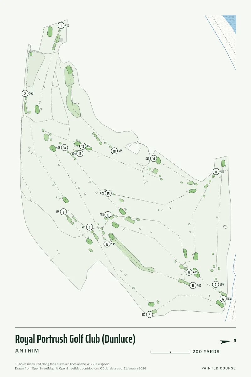 Royal Portrush Golf Club (Dunluce), Antrim, Northern Ireland, drawn in the Yardage style from its OpenStreetMap survey: 18 holes, each numbered at its tee with its measured yards beside it.
