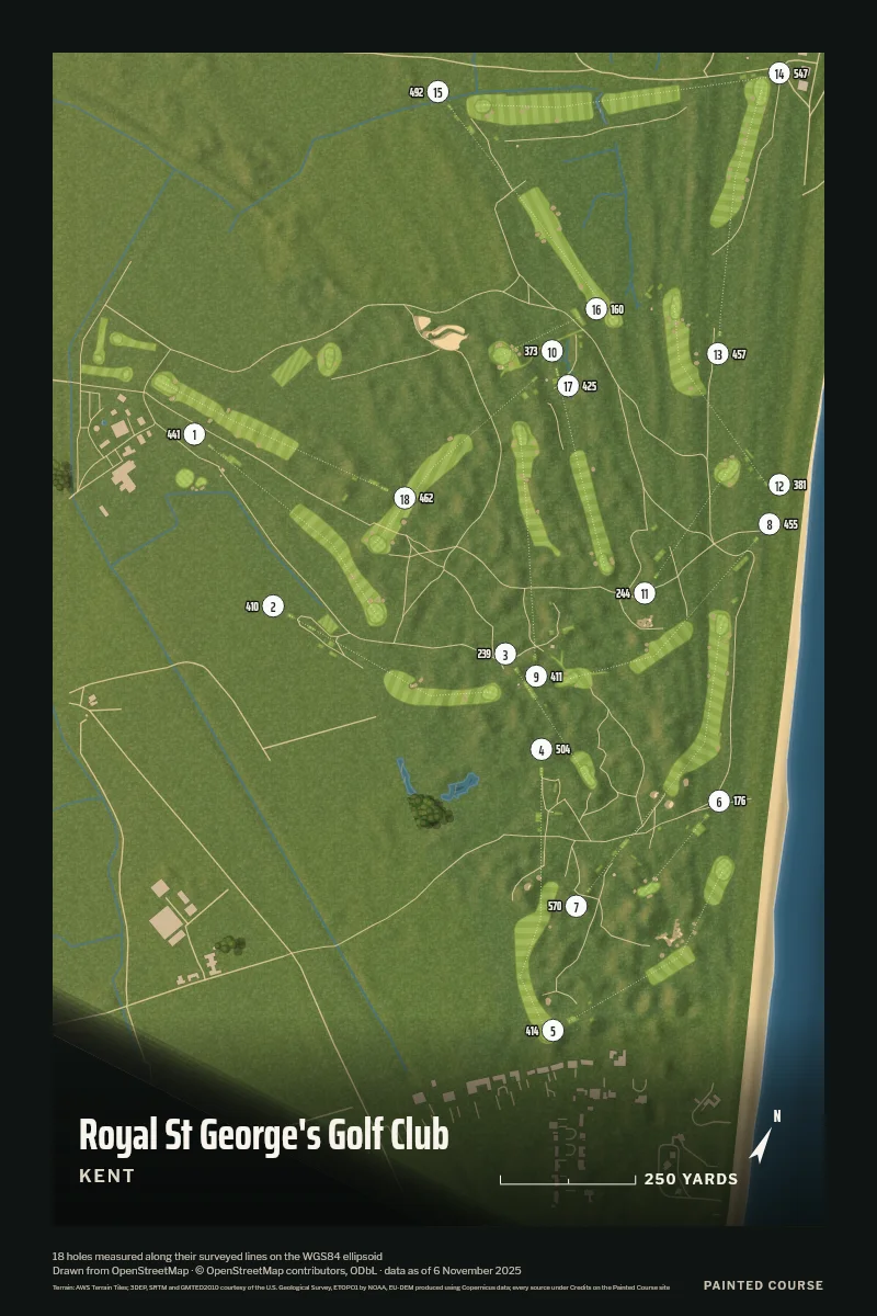 Royal St George's Golf Club, Kent, England, drawn in the Aerial style from its OpenStreetMap survey: 18 holes, each numbered at its tee with its measured yards beside it.