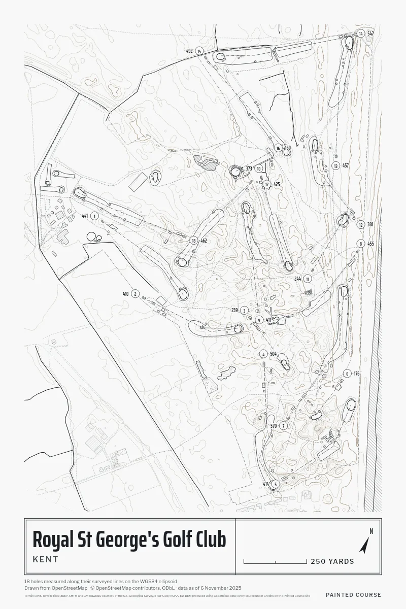 Royal St George's Golf Club, Kent, England, drawn in the Architect style from its OpenStreetMap survey: 18 holes, each numbered at its tee with its measured yards beside it.