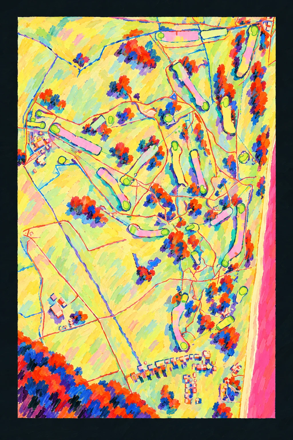 Royal St George's Golf Club, Kent, England, seen from above and painted in the Fauve manner after the Fauves of 1905: the routing of its 18 holes, its greens and its bunkers, in paint.