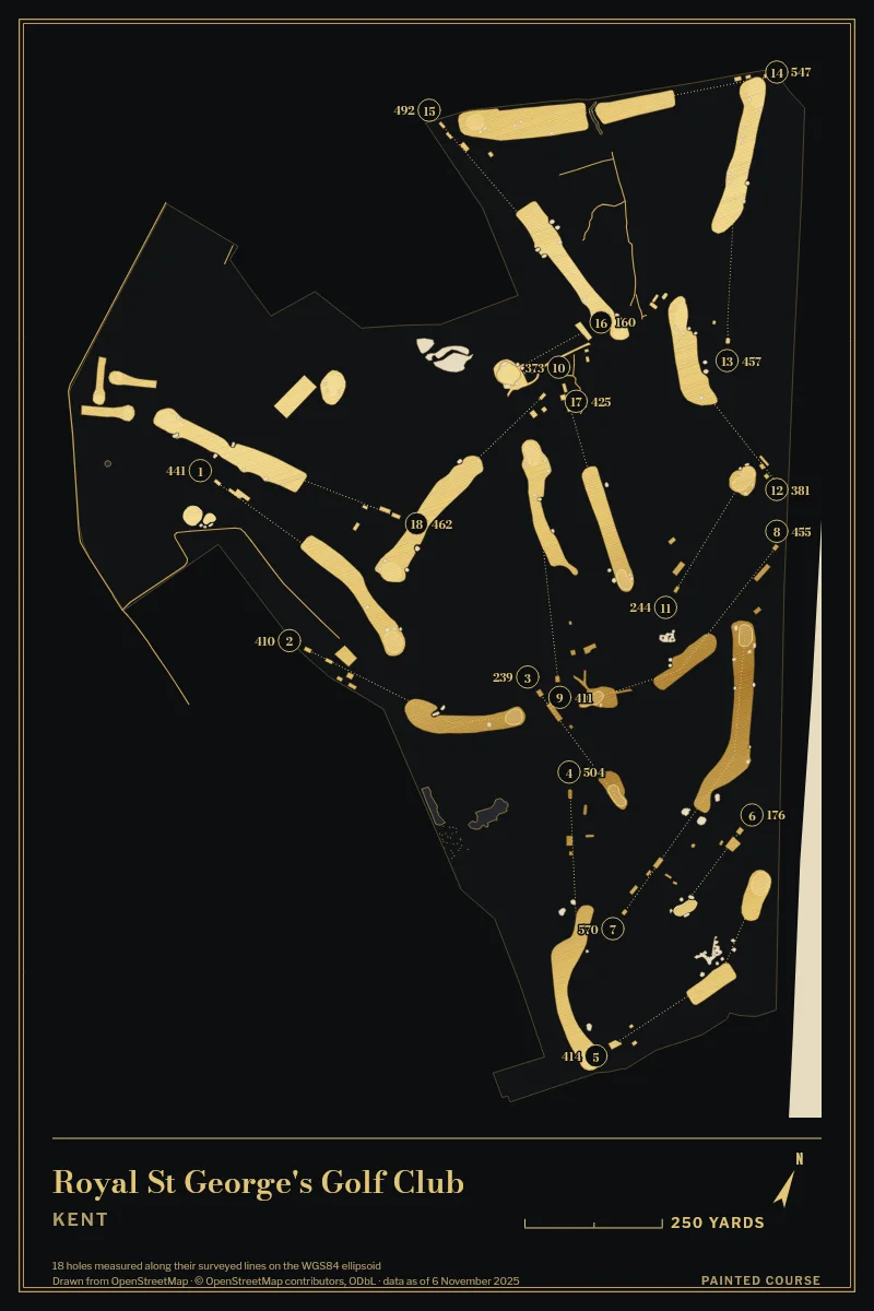 Royal St George's Golf Club, Kent, England, drawn in the Gilt style from its OpenStreetMap survey: 18 holes, each numbered at its tee with its measured yards beside it.