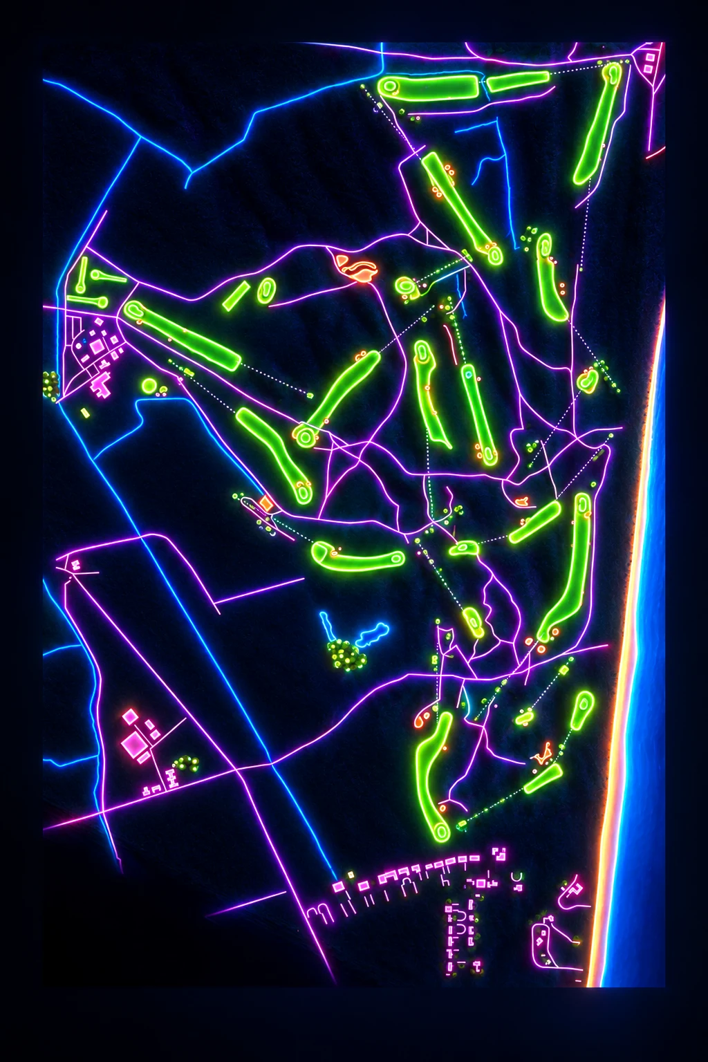 Royal St George's Golf Club, Kent, England, seen from above and painted in the Neon manner: the routing of its 18 holes, its greens and its bunkers, in paint.