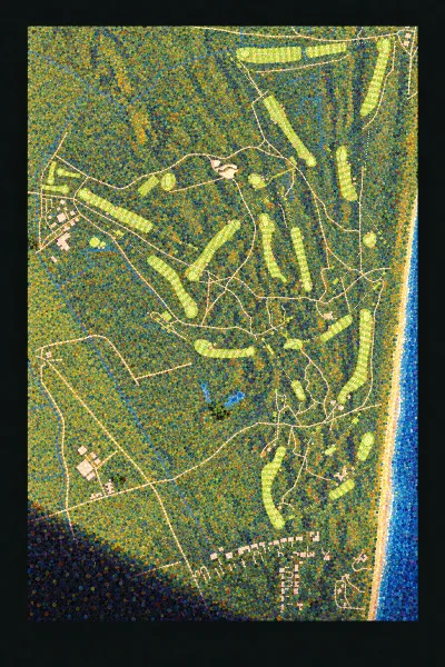 Royal St George's Golf Club, Kent, England, drawn in the Gilt style from its OpenStreetMap survey: 18 holes, each numbered at its tee with its measured yards beside it.