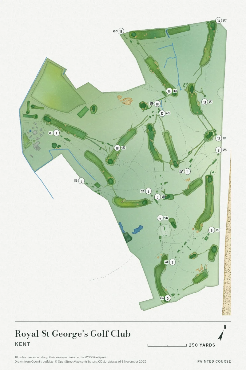 Royal St George's Golf Club, Kent, England, drawn in the Watercolour style from its OpenStreetMap survey: 18 holes, each numbered at its tee with its measured yards beside it.