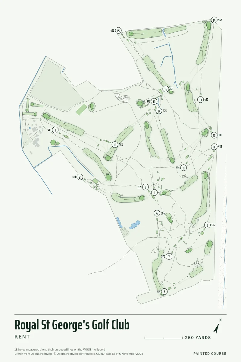 Royal St George's Golf Club, Kent, England, drawn in the Yardage style from its OpenStreetMap survey: 18 holes, each numbered at its tee with its measured yards beside it.