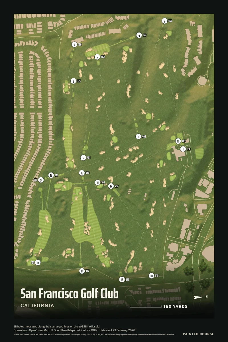 San Francisco Golf Club, California, USA, drawn in the Aerial style from its OpenStreetMap survey: 18 holes, each numbered at its tee with its measured yards beside it.