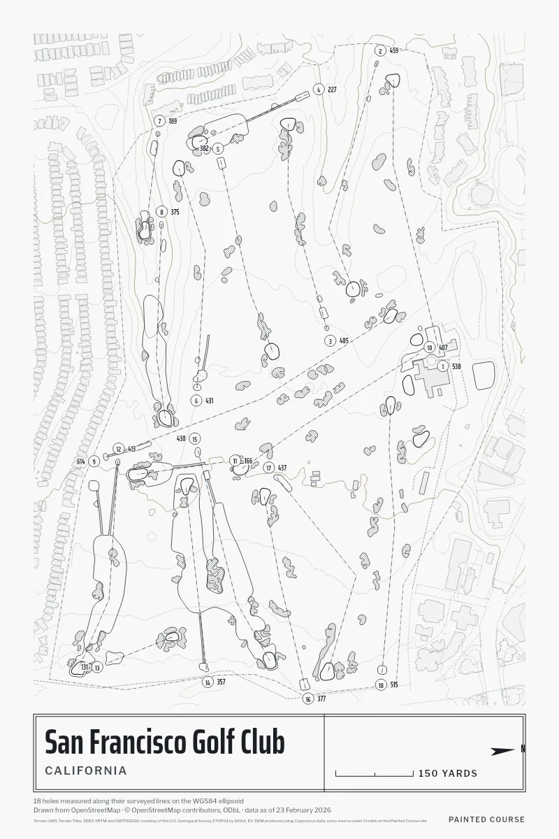 San Francisco Golf Club, California, USA, drawn in the Architect style from its OpenStreetMap survey: 18 holes, each numbered at its tee with its measured yards beside it.