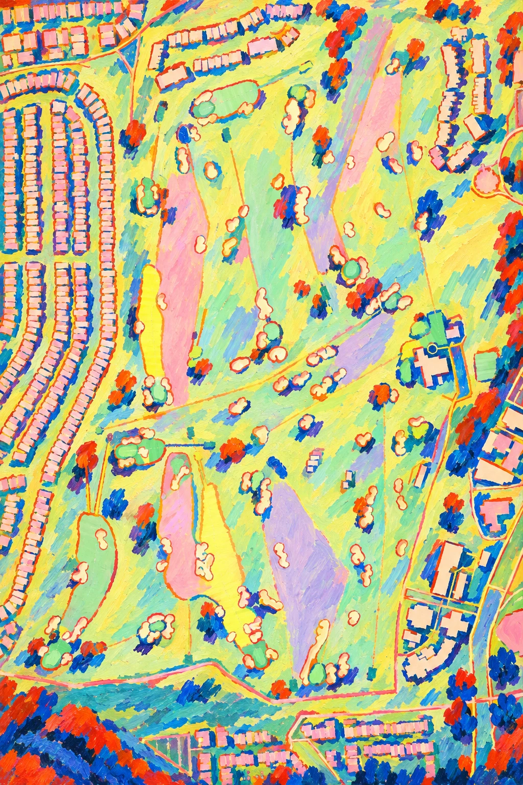 San Francisco Golf Club, California, USA, seen from above and painted in the Fauve manner after the Fauves of 1905: the routing of its 18 holes, its greens and its bunkers, in paint.