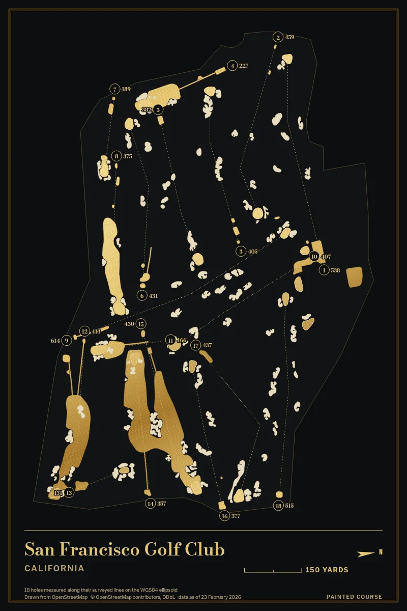 San Francisco Golf Club, California, USA, drawn in the Gilt style from its OpenStreetMap survey: 18 holes, each numbered at its tee with its measured yards beside it.
