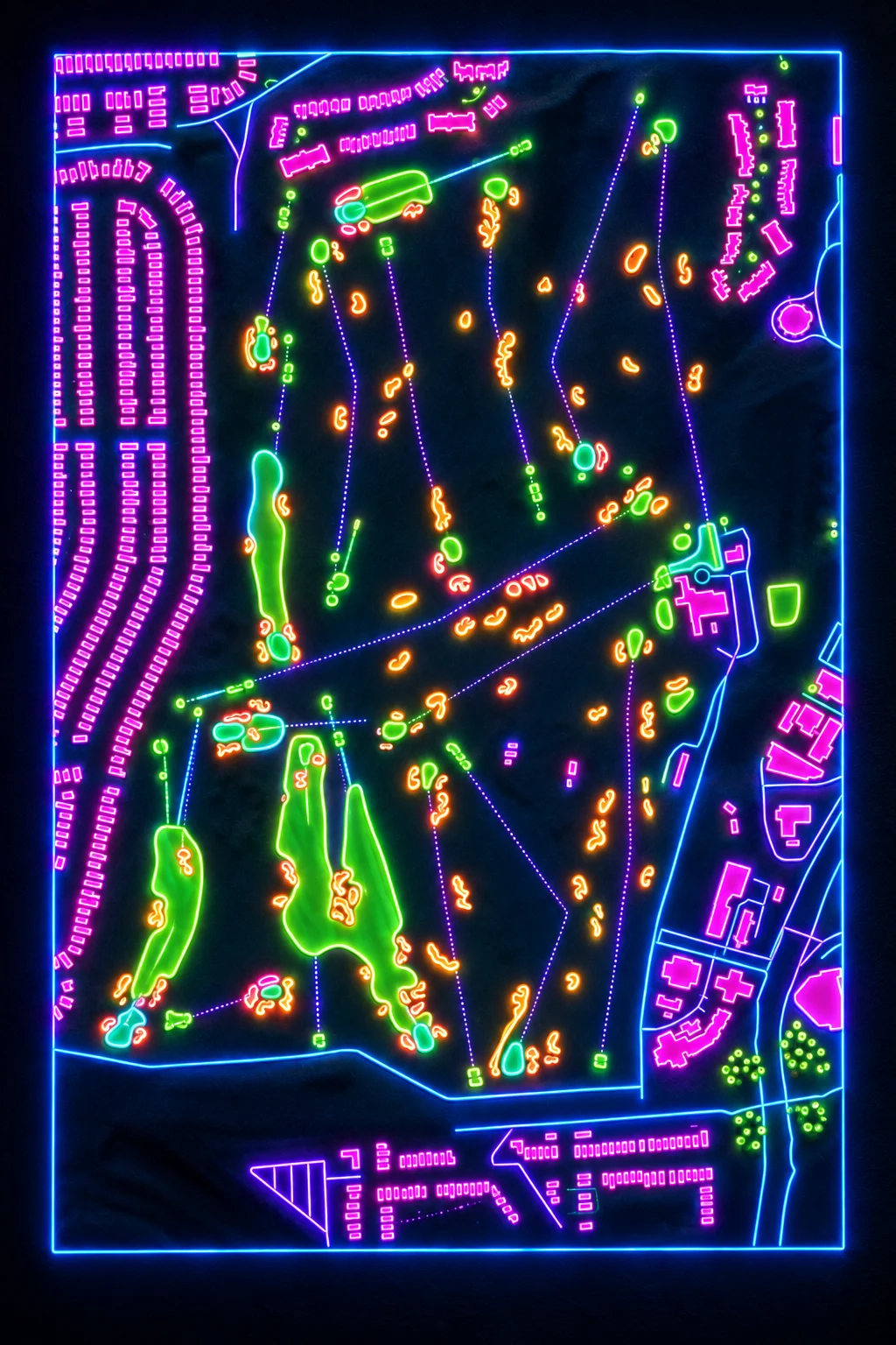 San Francisco Golf Club, California, USA, seen from above and painted in the Neon manner: the routing of its 18 holes, its greens and its bunkers, in paint.