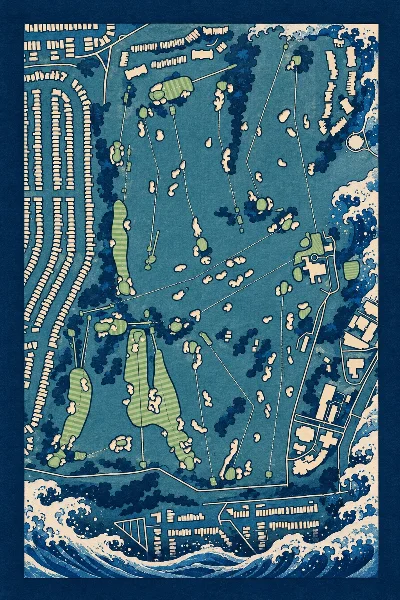 San Francisco Golf Club, California, USA, drawn in the Gilt style from its OpenStreetMap survey: 18 holes, each numbered at its tee with its measured yards beside it.