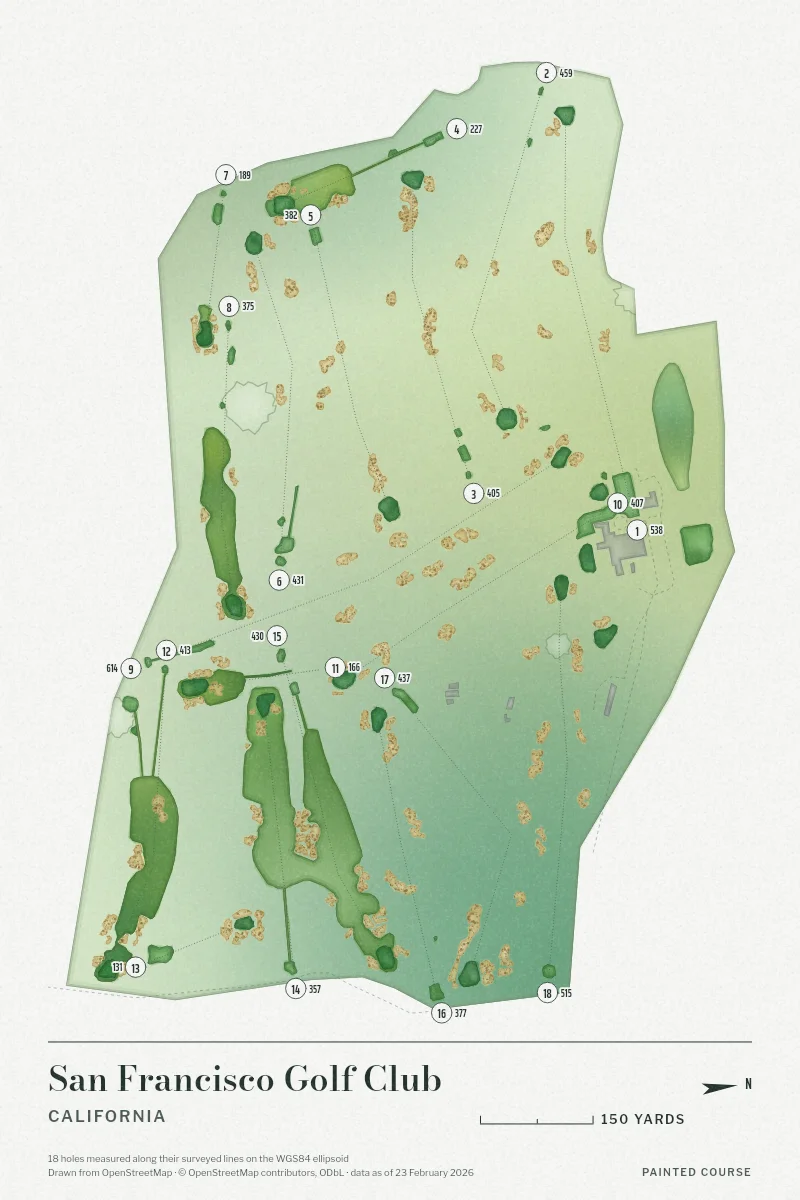 San Francisco Golf Club, California, USA, drawn in the Watercolour style from its OpenStreetMap survey: 18 holes, each numbered at its tee with its measured yards beside it.