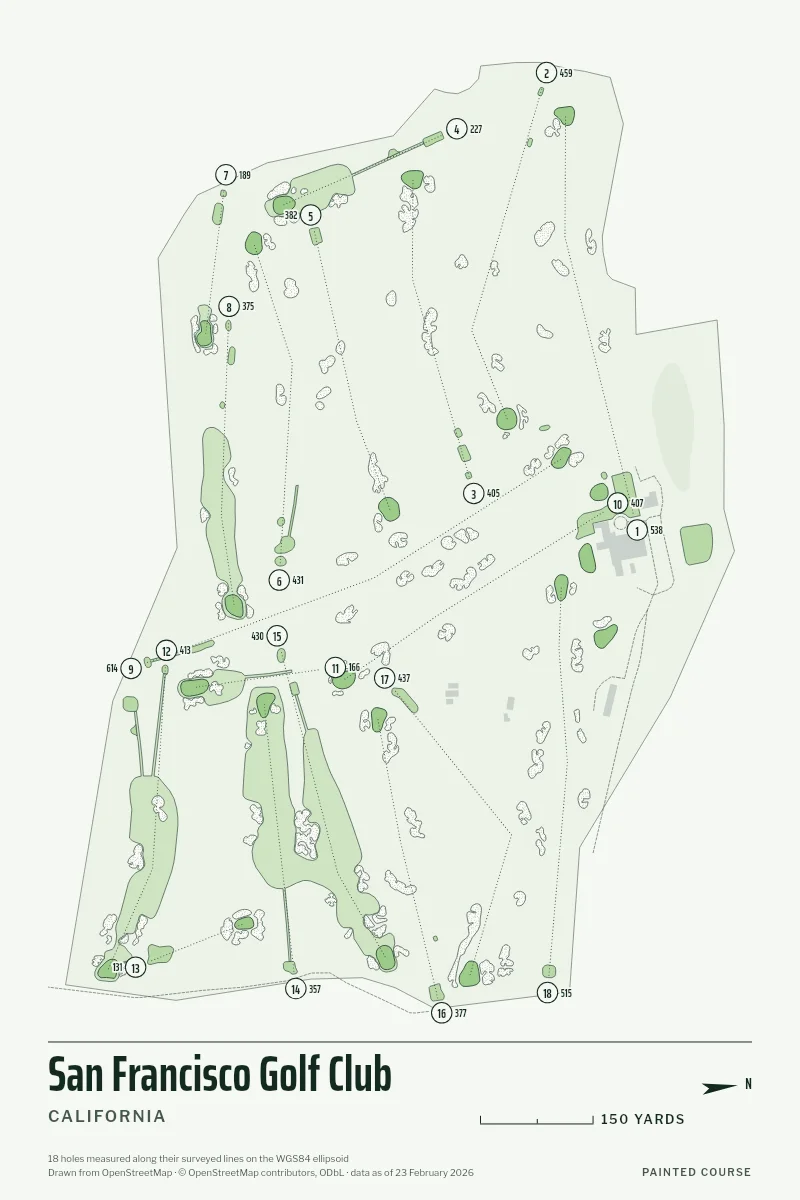 San Francisco Golf Club, California, USA, drawn in the Yardage style from its OpenStreetMap survey: 18 holes, each numbered at its tee with its measured yards beside it.