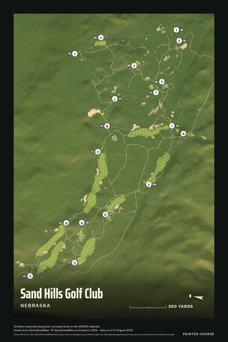 Sand Hills Golf Club, Nebraska, USA, drawn in the Aerial style from its OpenStreetMap survey: 18 holes, each numbered at its tee with its measured yards beside it.