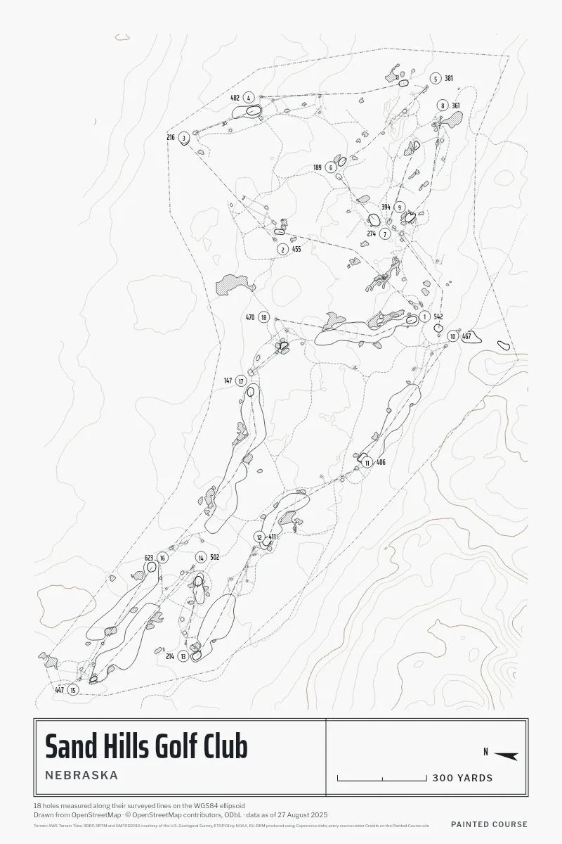 Sand Hills Golf Club, Nebraska, USA, drawn in the Architect style from its OpenStreetMap survey: 18 holes, each numbered at its tee with its measured yards beside it.