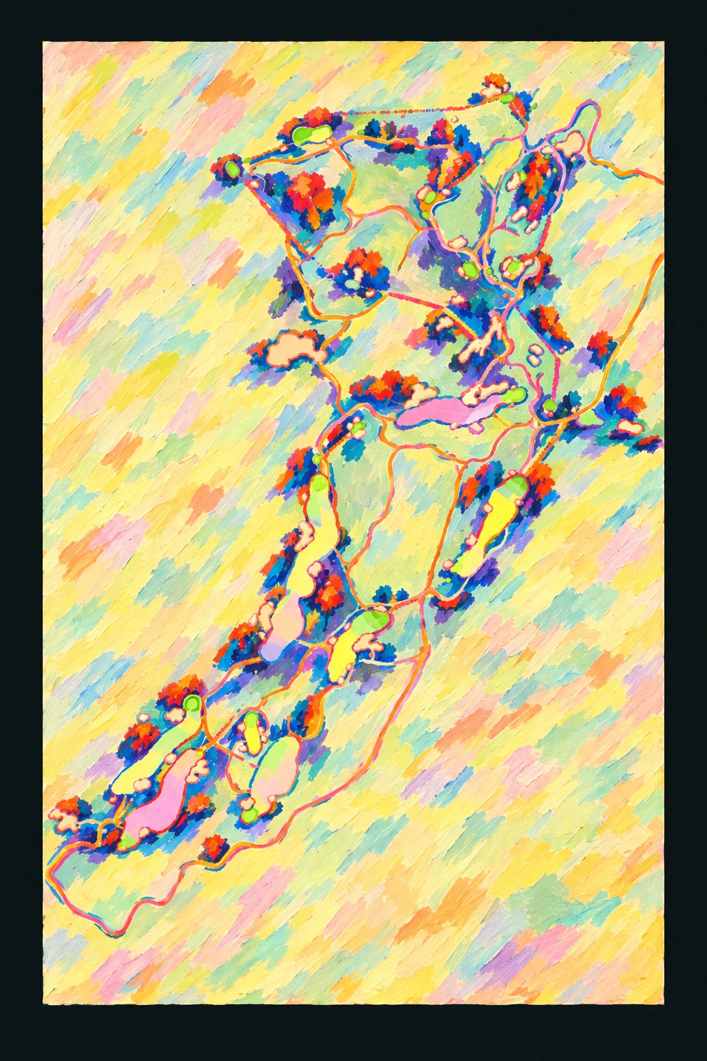 Sand Hills Golf Club, Nebraska, USA, seen from above and painted in the Fauve manner after the Fauves of 1905: the routing of its 18 holes, its greens and its bunkers, in paint.