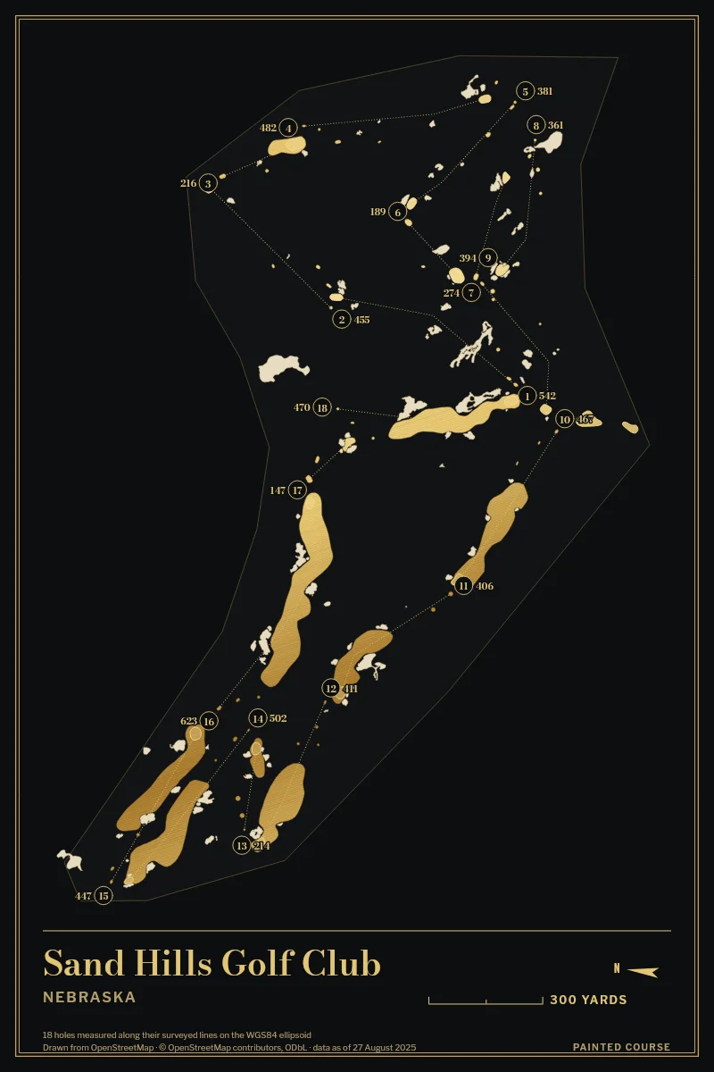 Sand Hills Golf Club, Nebraska, USA, drawn in the Gilt style from its OpenStreetMap survey: 18 holes, each numbered at its tee with its measured yards beside it.