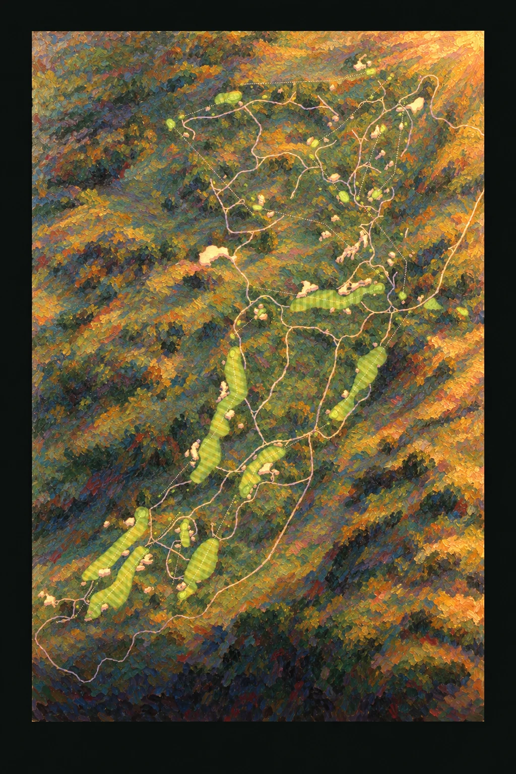 Sand Hills Golf Club, Nebraska, USA, seen from above and painted in the Impressionist manner after Claude Monet: the routing of its 18 holes, its greens and its bunkers, in paint.