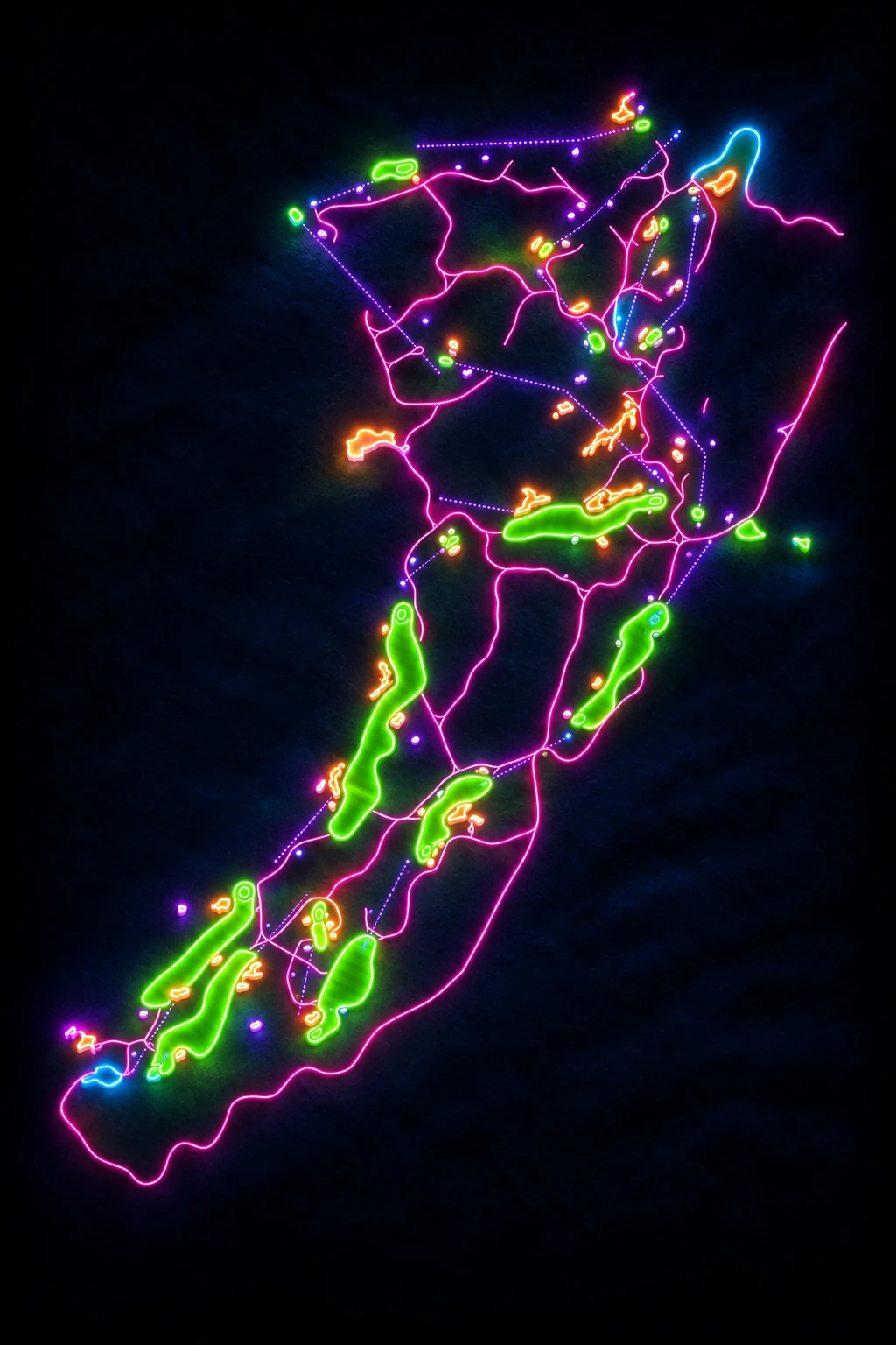 Sand Hills Golf Club, Nebraska, USA, seen from above and painted in the Neon manner: the routing of its 18 holes, its greens and its bunkers, in paint.