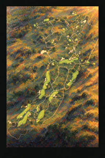 Sand Hills Golf Club, Nebraska, USA, drawn in the Gilt style from its OpenStreetMap survey: 18 holes, each numbered at its tee with its measured yards beside it.