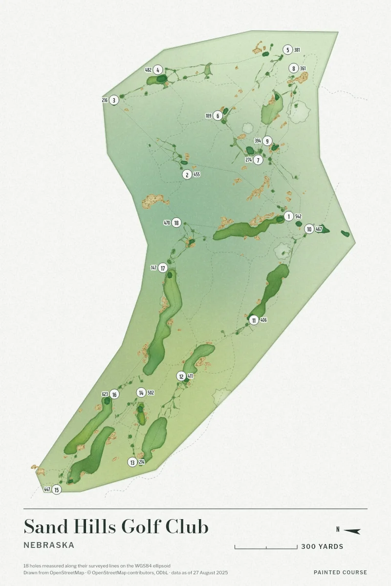 Sand Hills Golf Club, Nebraska, USA, drawn in the Watercolour style from its OpenStreetMap survey: 18 holes, each numbered at its tee with its measured yards beside it.