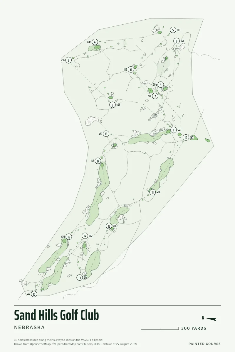 Sand Hills Golf Club, Nebraska, USA, drawn in the Yardage style from its OpenStreetMap survey: 18 holes, each numbered at its tee with its measured yards beside it.