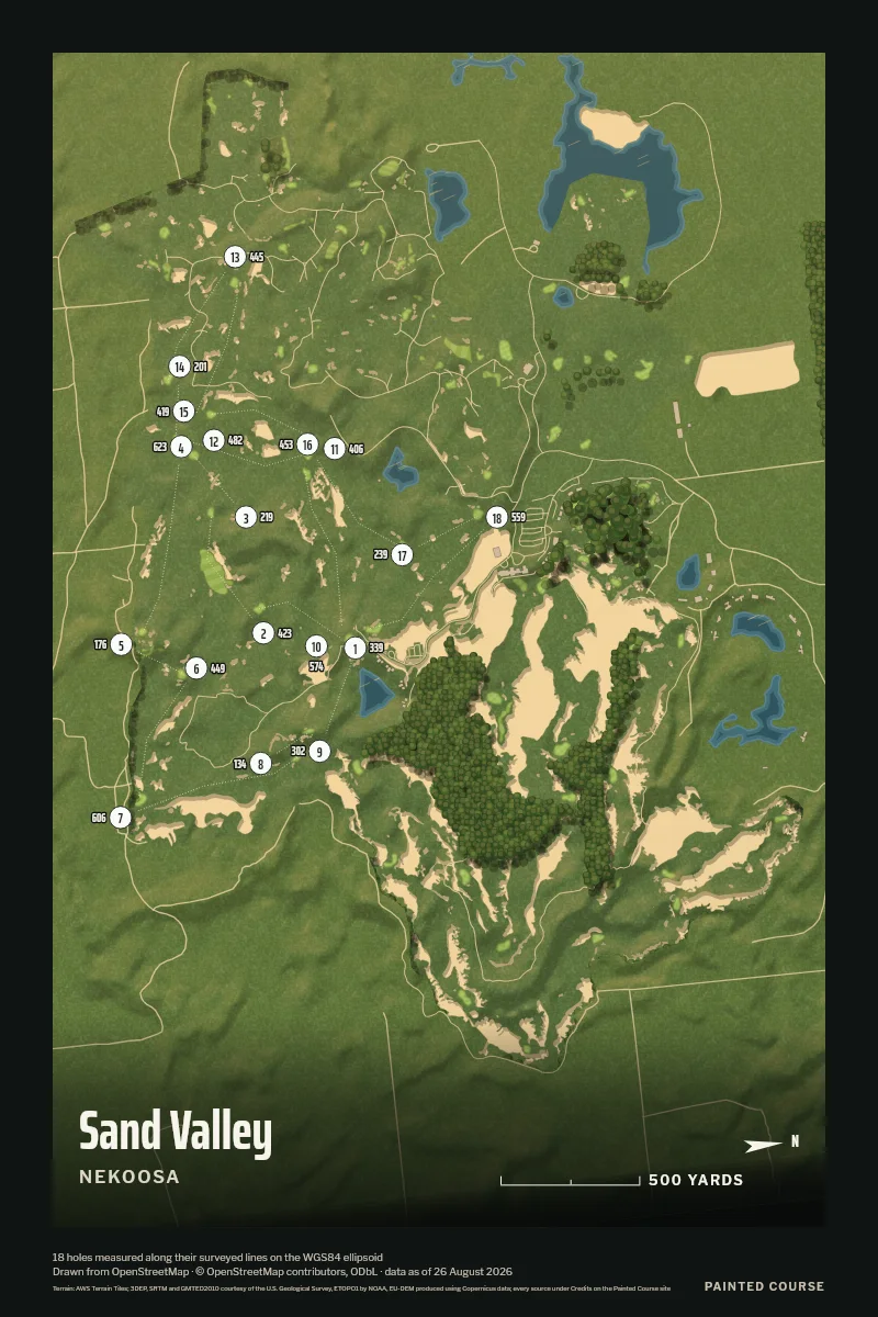 Sand Valley, Nekoosa, Wisconsin, USA, drawn in the Aerial style from its OpenStreetMap survey: 18 holes, each numbered at its tee with its measured yards beside it.