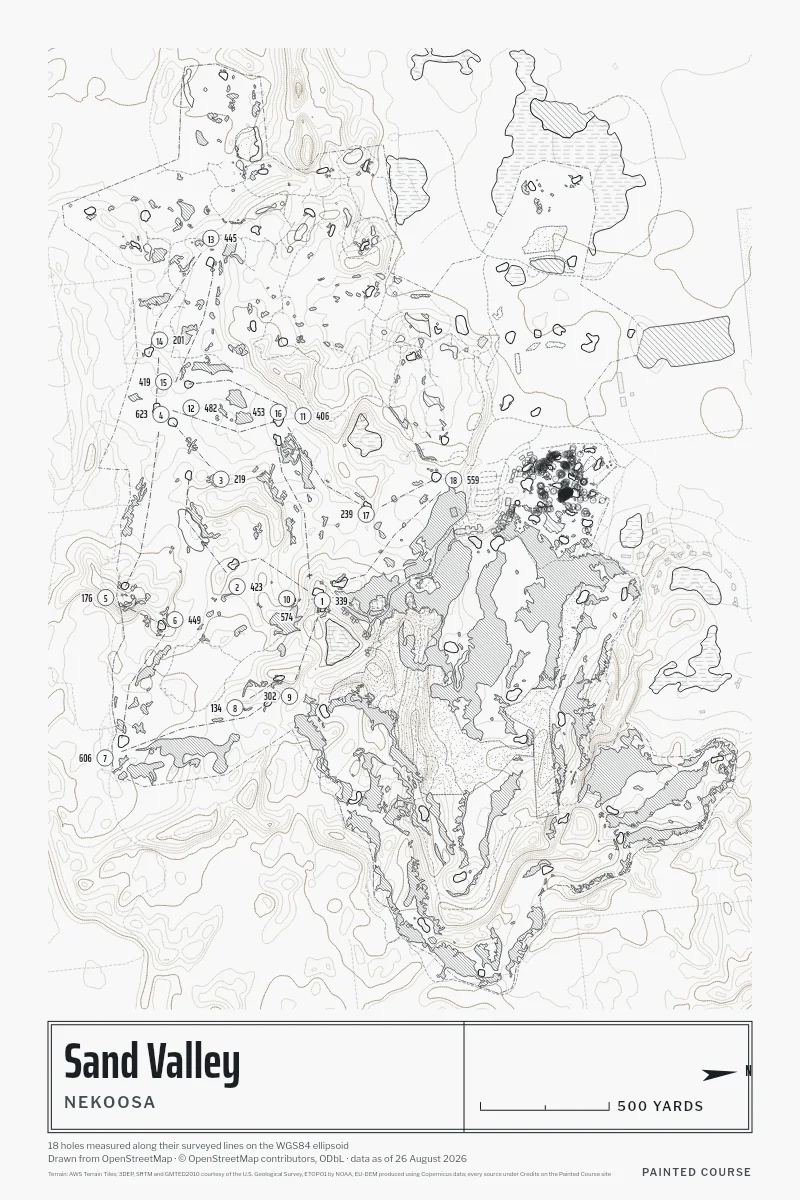 Sand Valley, Nekoosa, Wisconsin, USA, drawn in the Architect style from its OpenStreetMap survey: 18 holes, each numbered at its tee with its measured yards beside it.