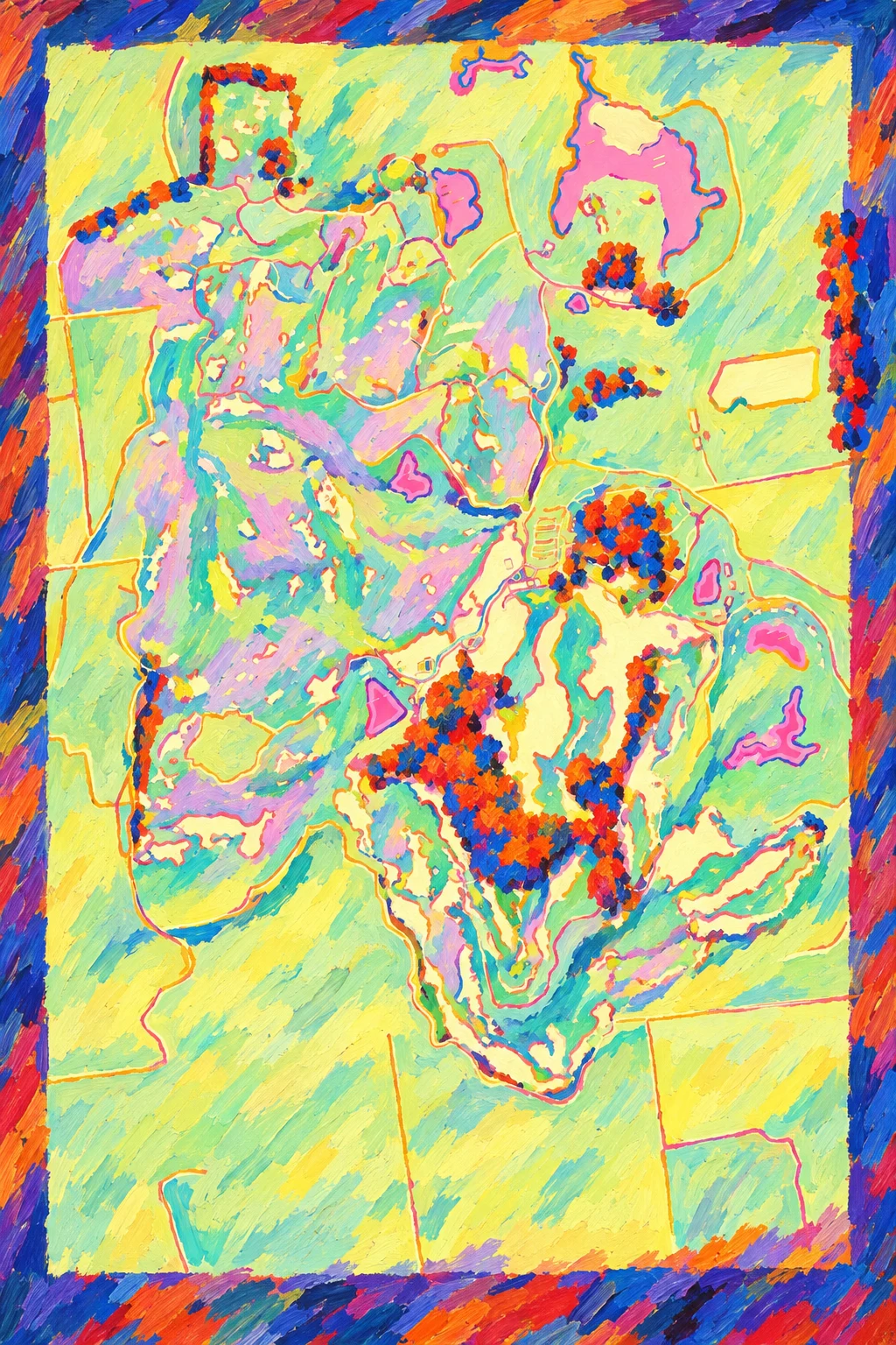 Sand Valley, Nekoosa, Wisconsin, USA, seen from above and painted in the Fauve manner after the Fauves of 1905: the routing of its 18 holes, its greens and its bunkers, in paint.