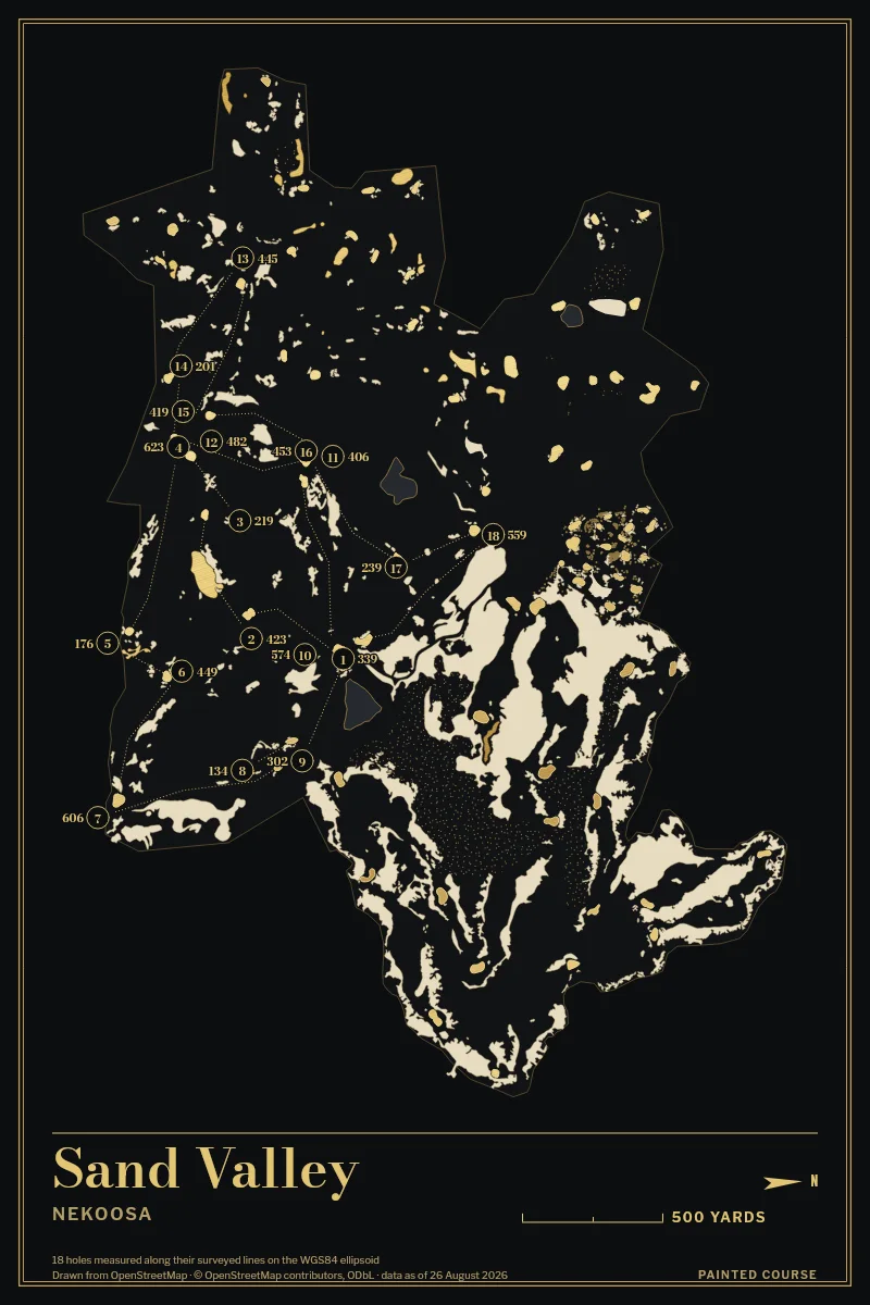 Sand Valley, Nekoosa, Wisconsin, USA, drawn in the Gilt style from its OpenStreetMap survey: 18 holes, each numbered at its tee with its measured yards beside it.
