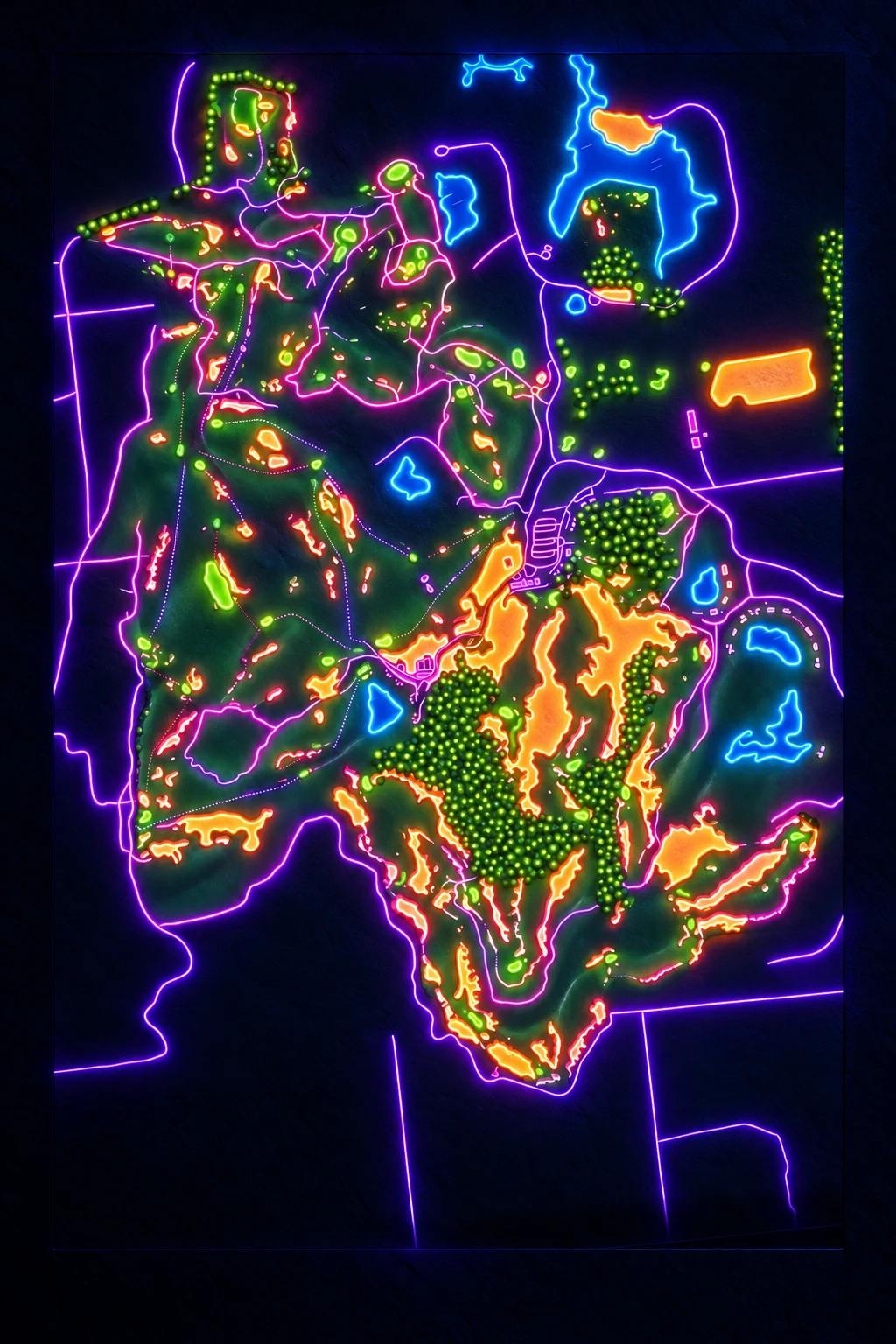 Sand Valley, Nekoosa, Wisconsin, USA, seen from above and painted in the Neon manner: the routing of its 18 holes, its greens and its bunkers, in paint.