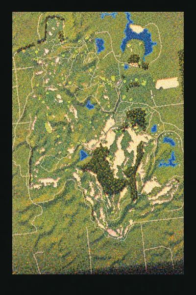 Sand Valley, Nekoosa, Wisconsin, USA, drawn in the Gilt style from its OpenStreetMap survey: 18 holes, each numbered at its tee with its measured yards beside it.