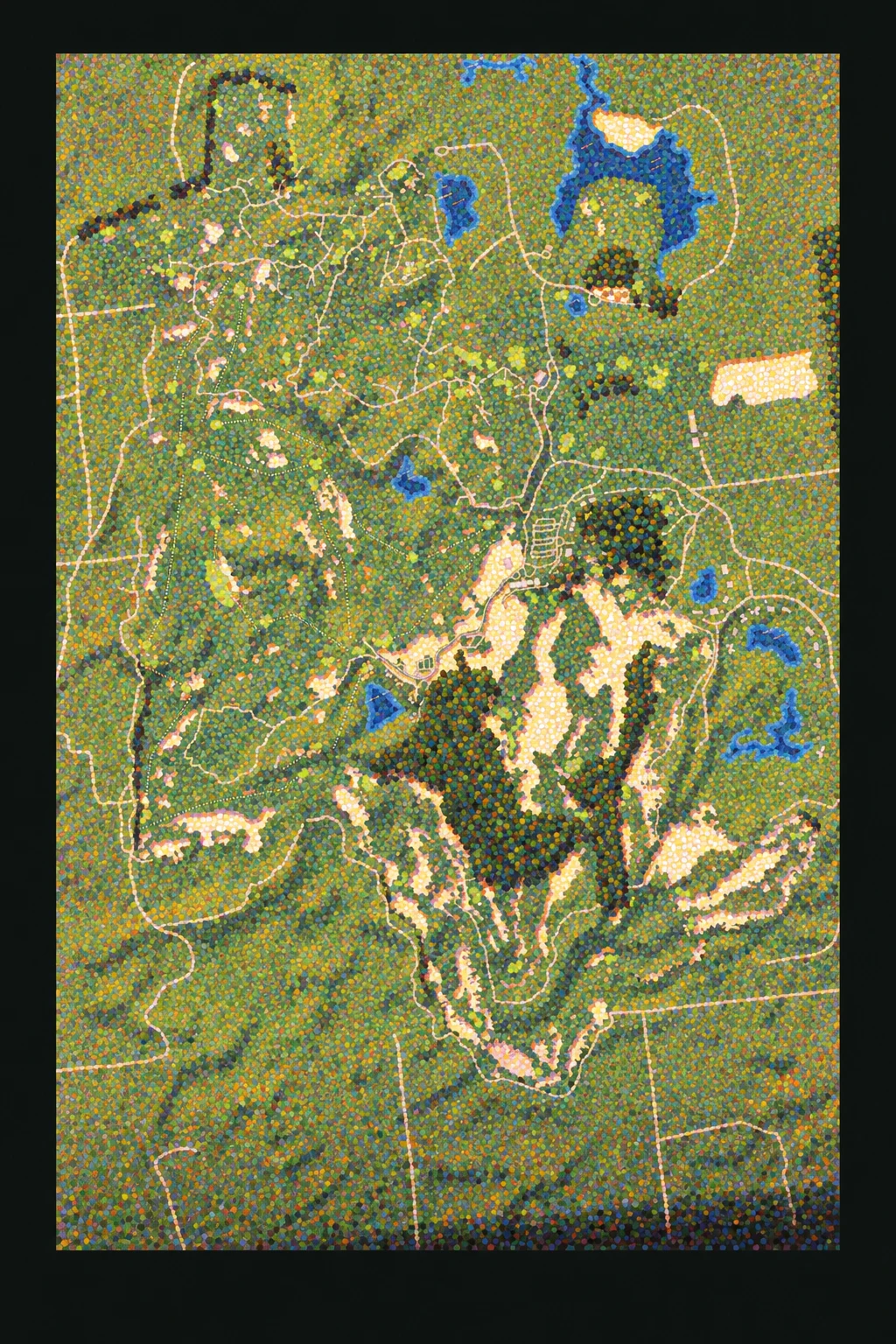 Sand Valley, Nekoosa, Wisconsin, USA, seen from above and painted in the Pointillist manner after Georges Seurat: the routing of its 18 holes, its greens and its bunkers, in paint.
