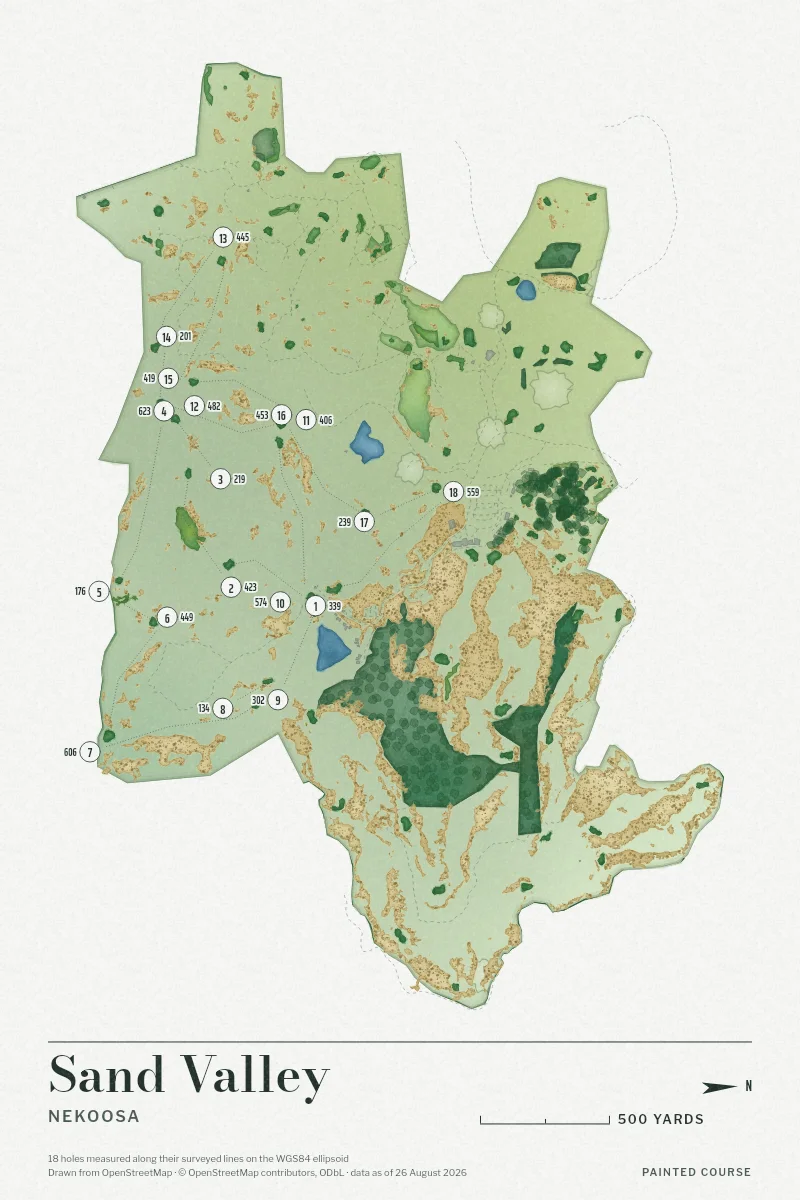 Sand Valley, Nekoosa, Wisconsin, USA, drawn in the Watercolour style from its OpenStreetMap survey: 18 holes, each numbered at its tee with its measured yards beside it.