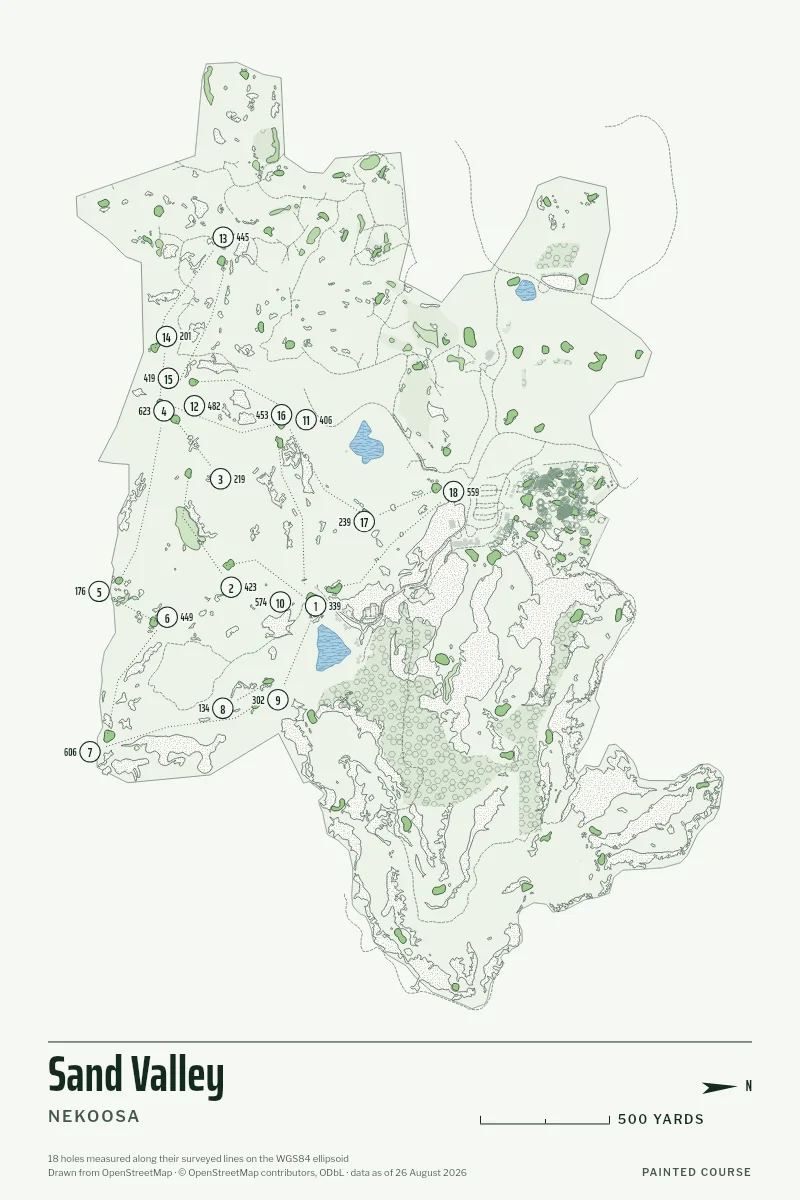 Sand Valley, Nekoosa, Wisconsin, USA, drawn in the Yardage style from its OpenStreetMap survey: 18 holes, each numbered at its tee with its measured yards beside it.