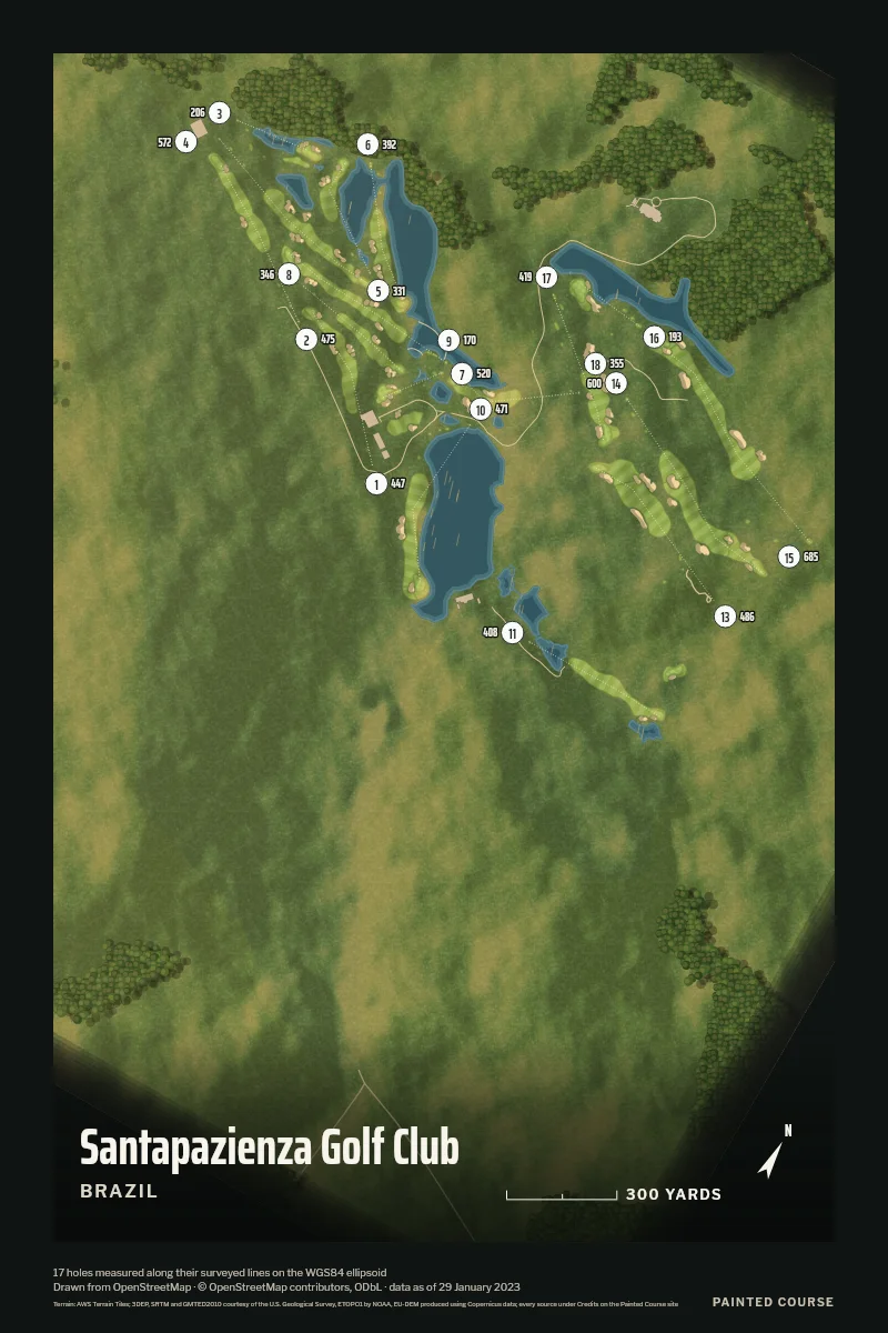 Santapazienza Golf Club, Brazil, drawn in the Aerial style from its OpenStreetMap survey: 17 holes, each numbered at its tee with its measured yards beside it.