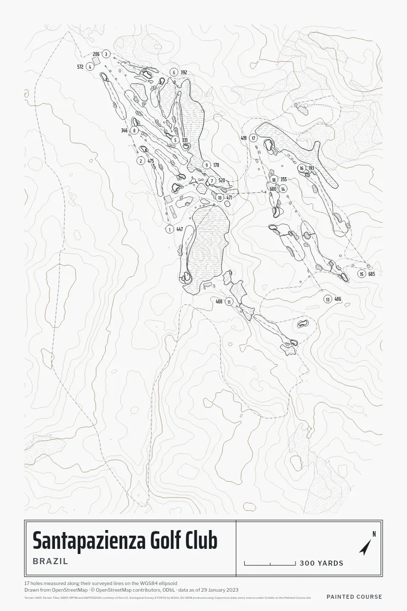 Santapazienza Golf Club, Brazil, drawn in the Architect style from its OpenStreetMap survey: 17 holes, each numbered at its tee with its measured yards beside it.
